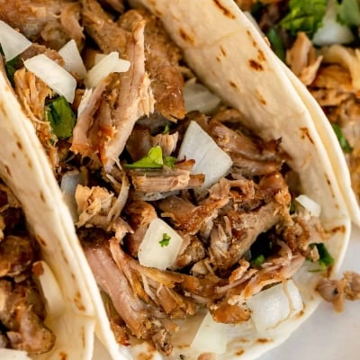 A closeup of a carnitas taco.