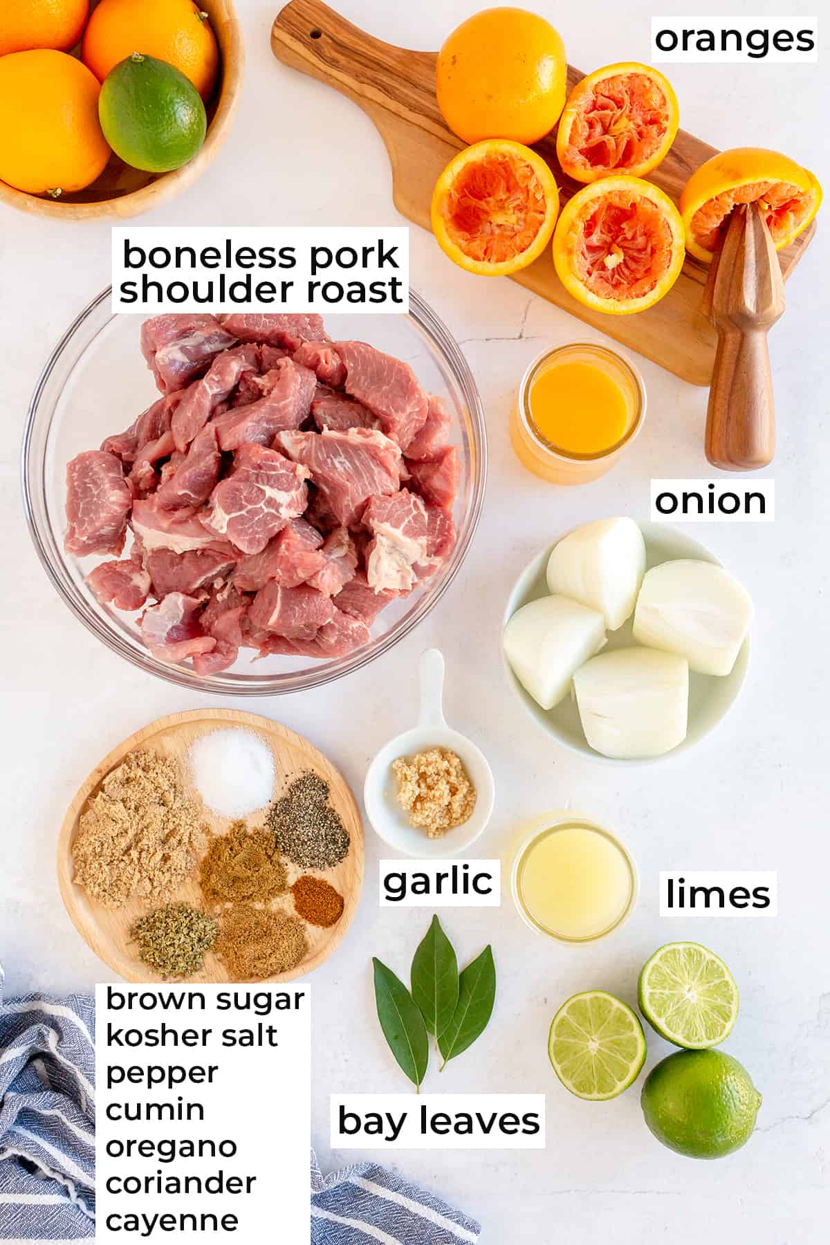 The ingredients for pork carnitas with text overlay.