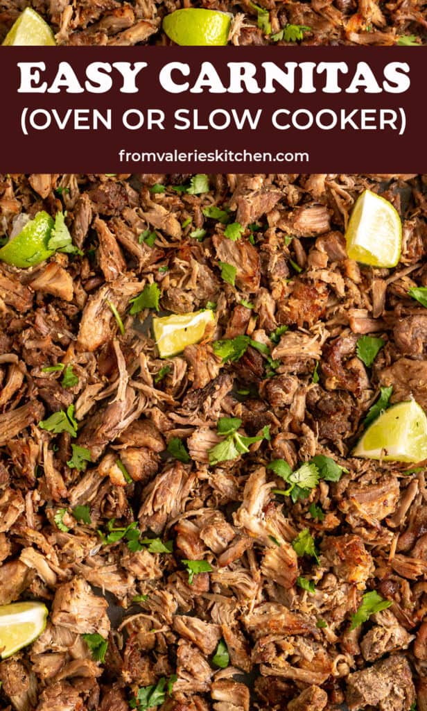 Carnitas and lime wedges on a baking sheet with text overlay.