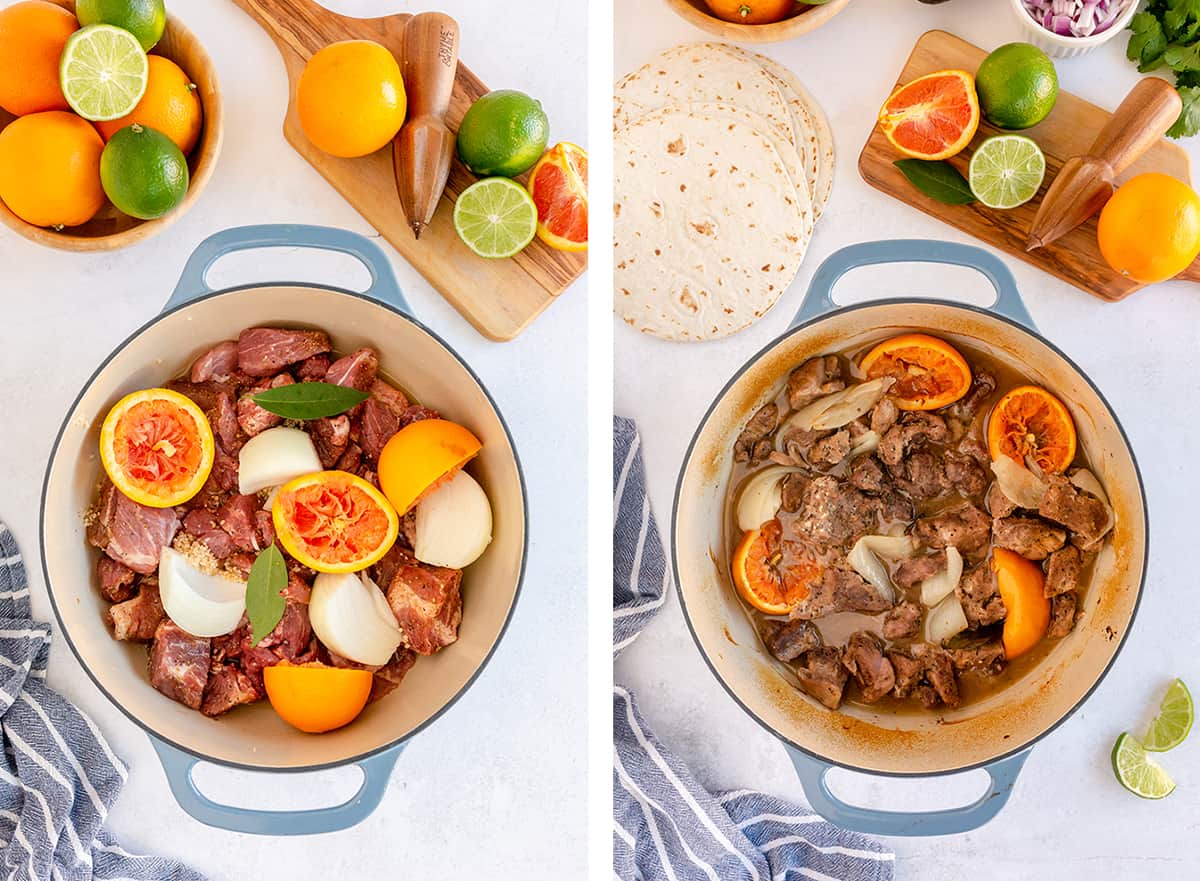 Pork, onions, and oranges in a Dutch oven.