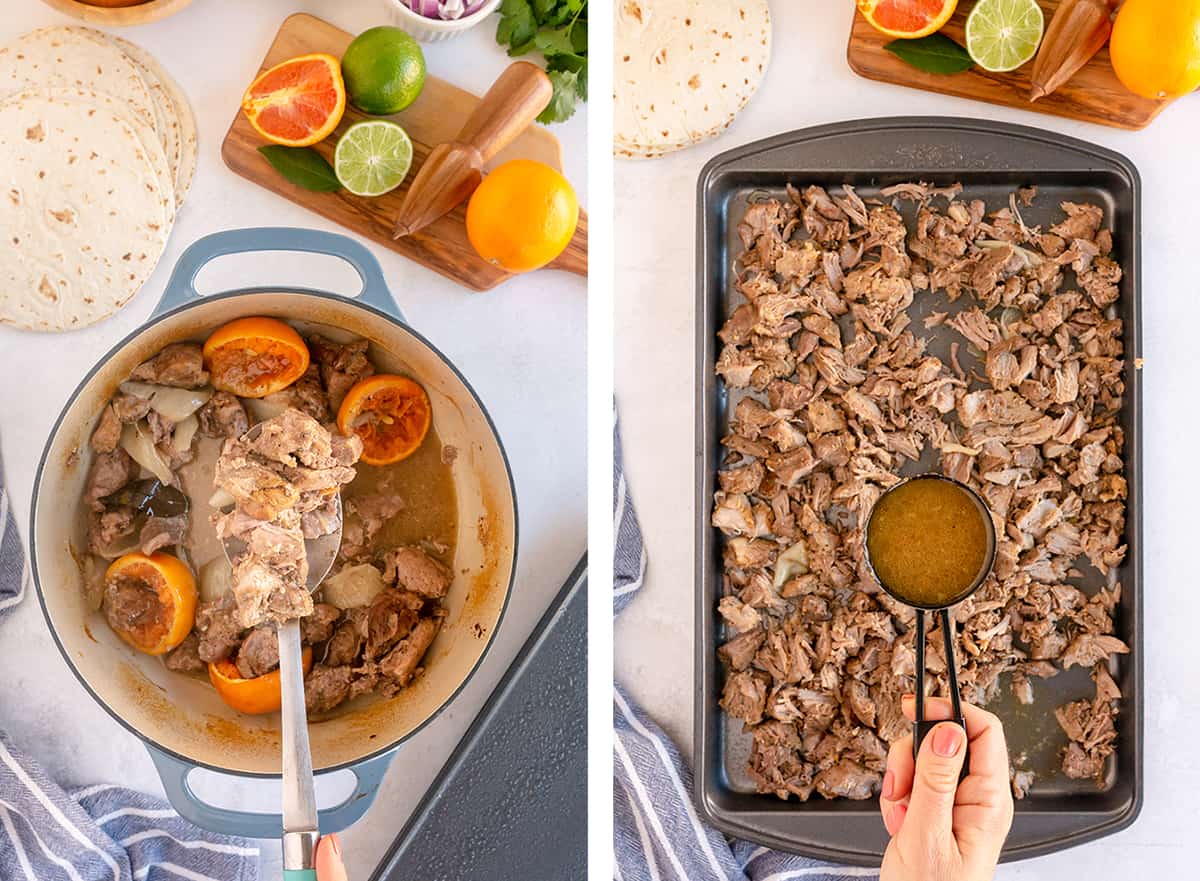 Cooked pork is scooped from a Dutch oven and placed on a baking sheet.