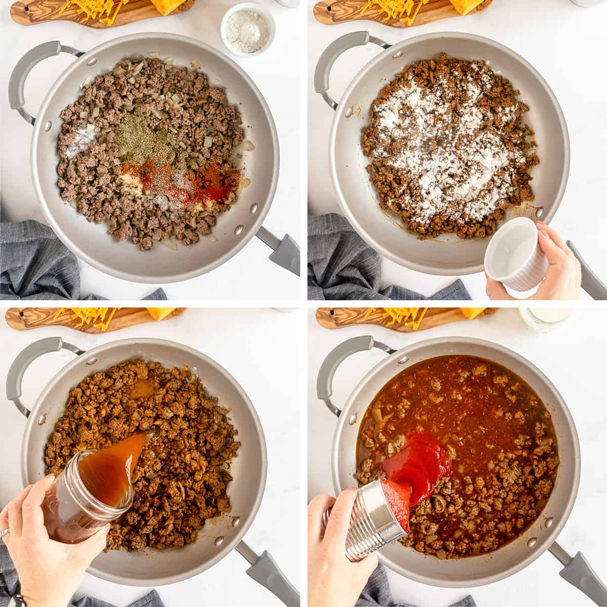 Ground beef, spices, broth, and tomato sauce cook in a skillet.