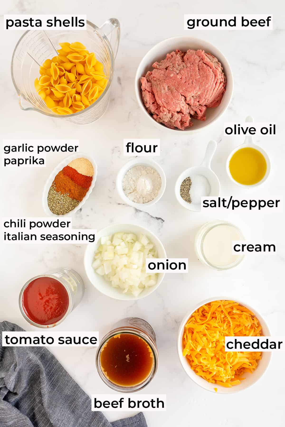 The ingredients for Creamy Beef and Shells with text overlay.