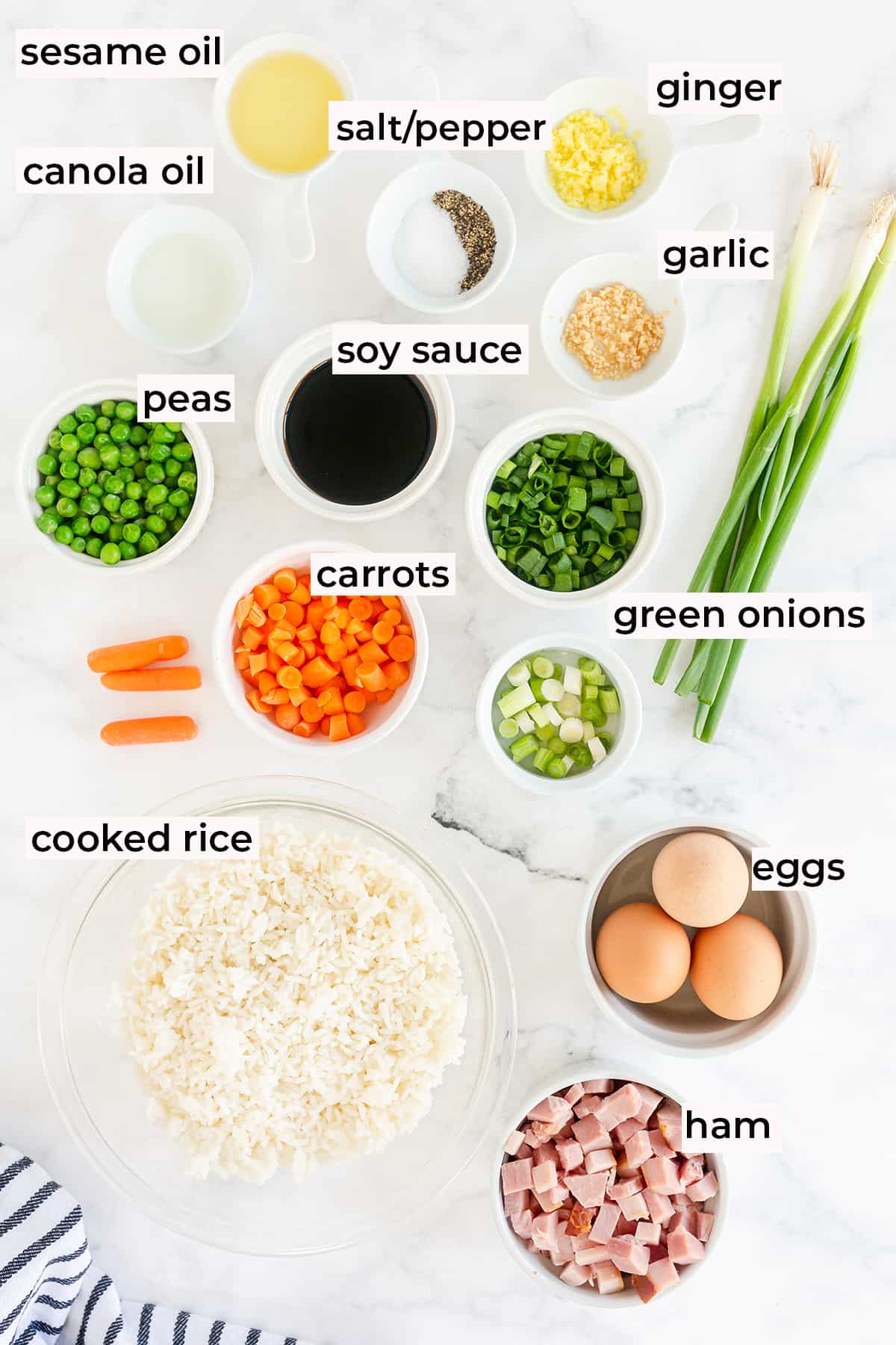 The ingredients needed to make Ham Fried Rice with text overlay.