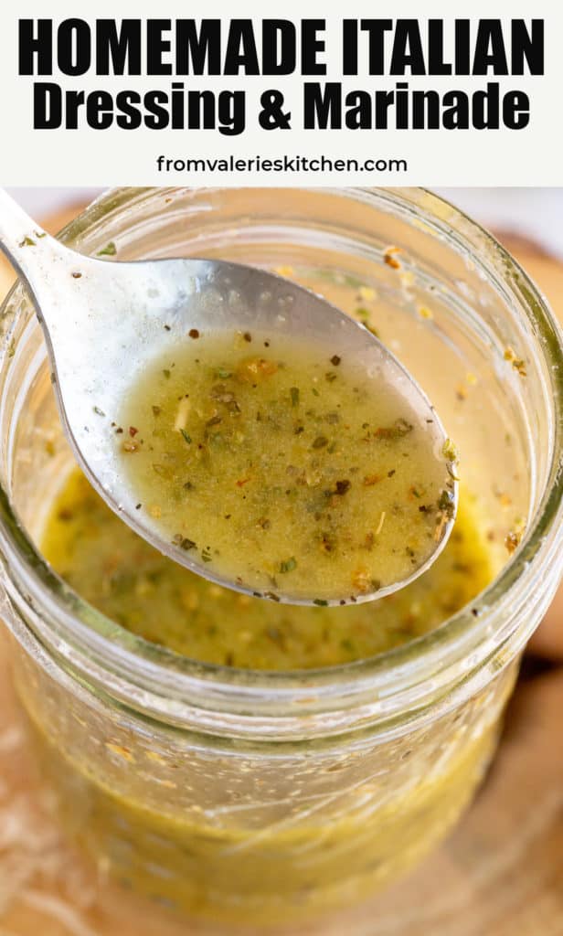 A spoon scoops dressing from a mason jar with text overlay.