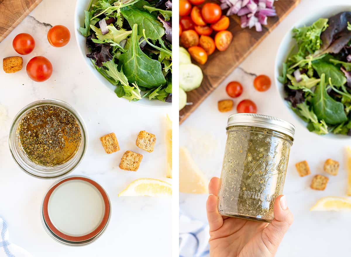 Salad dressing ingredients are shaken in a mason jar.