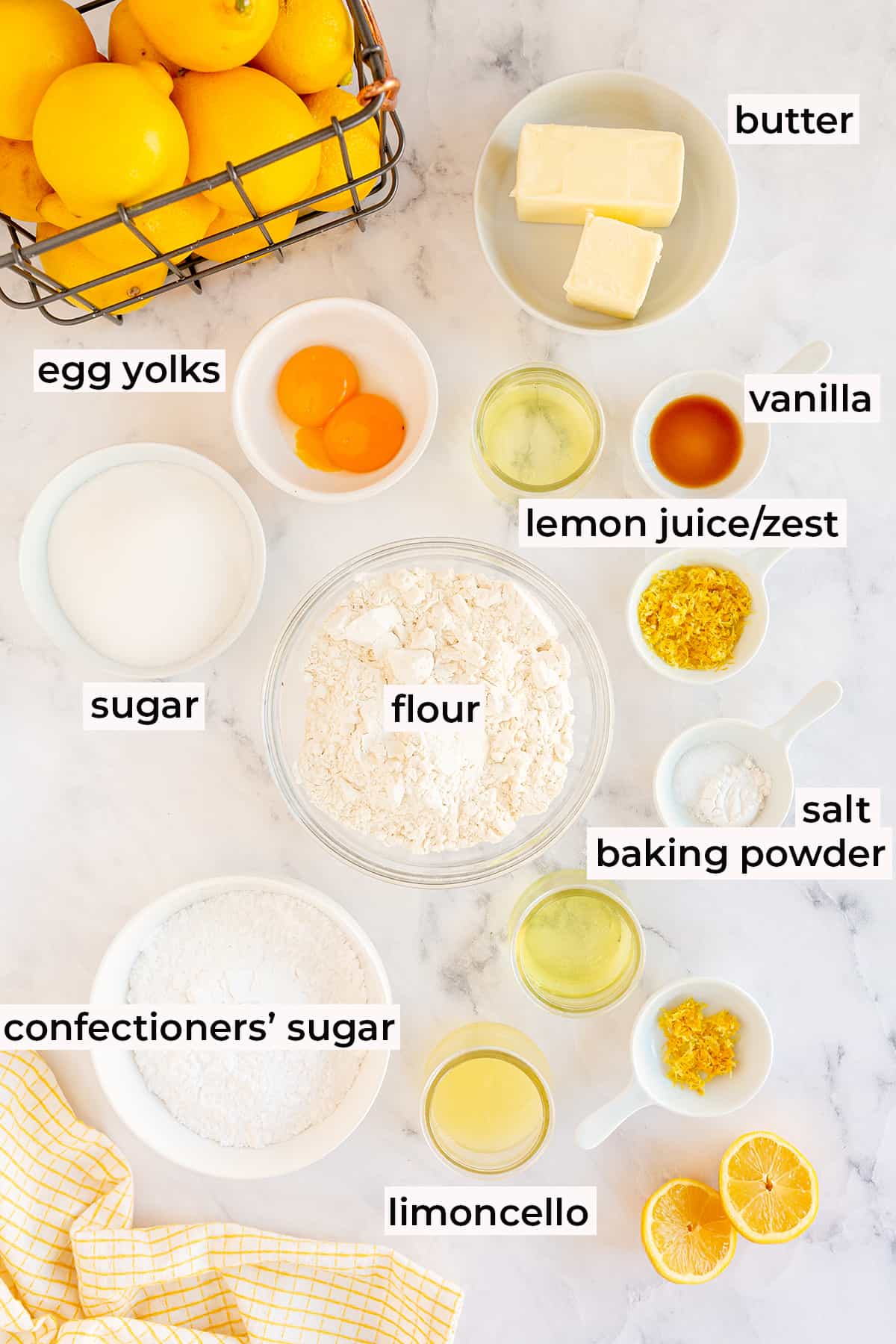 All the ingredients for Limoncello Cookies with text overlay.