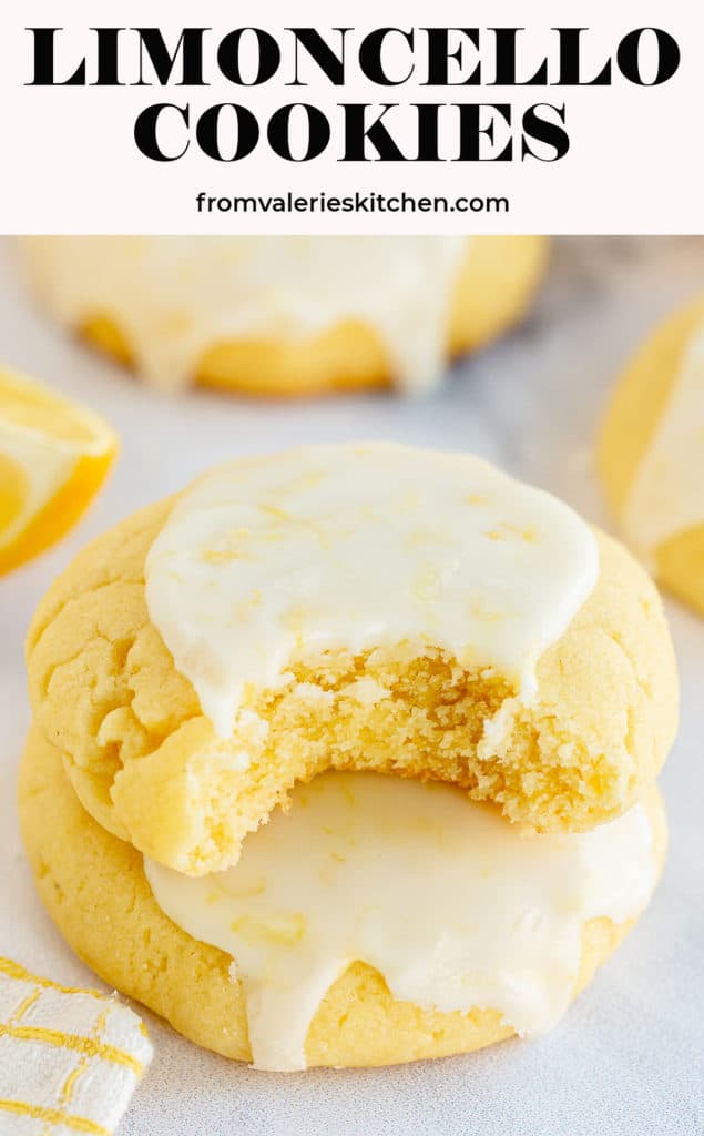 A closeup of a Limoncello Cookie with a bite missing with text overlay.