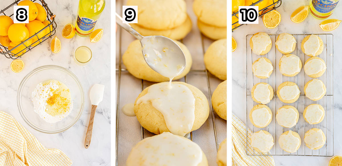 Lemon glaze is spooned on to cookies.