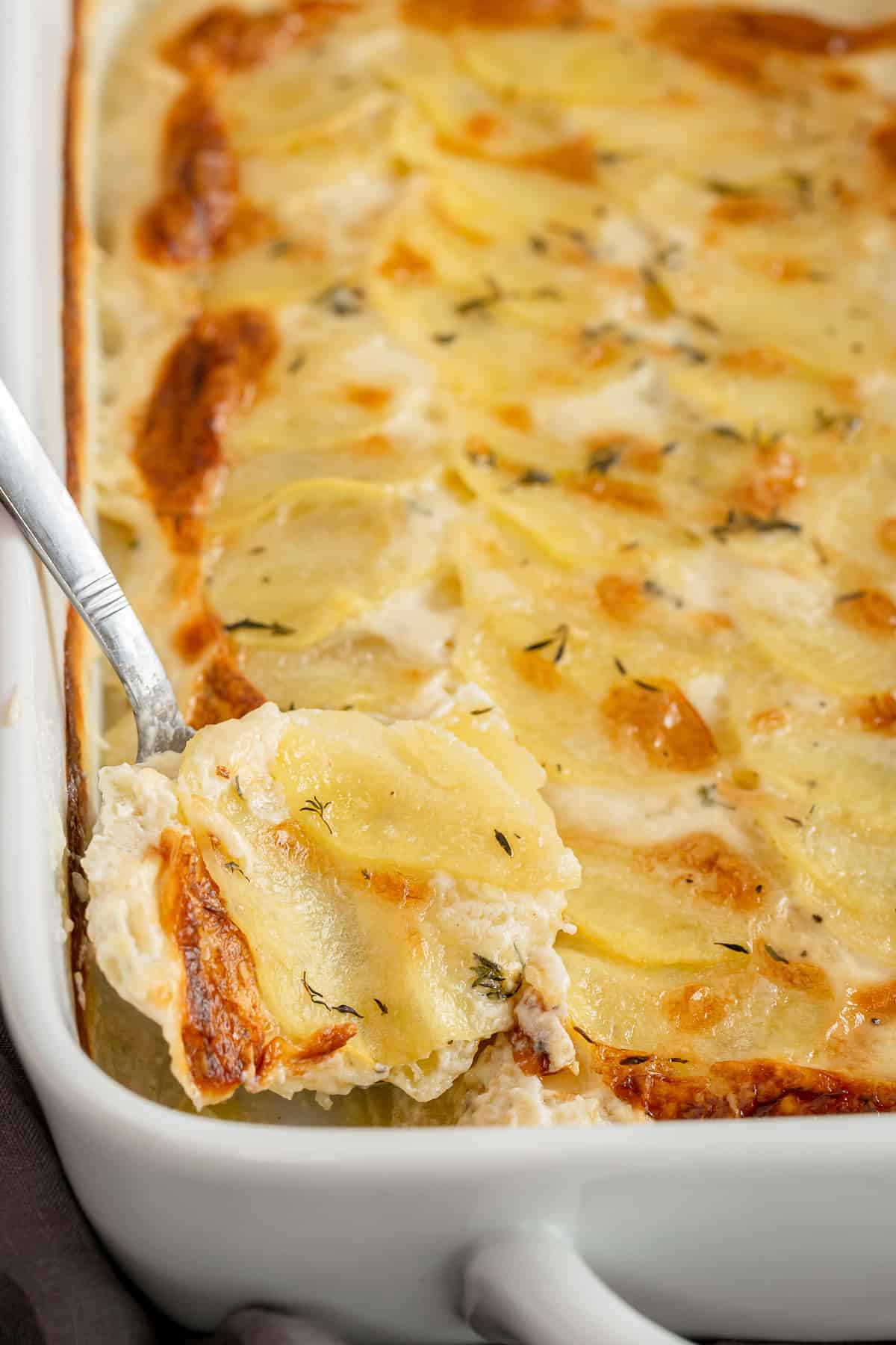 A spoon lifts a scoop of potatoes from baking dish.