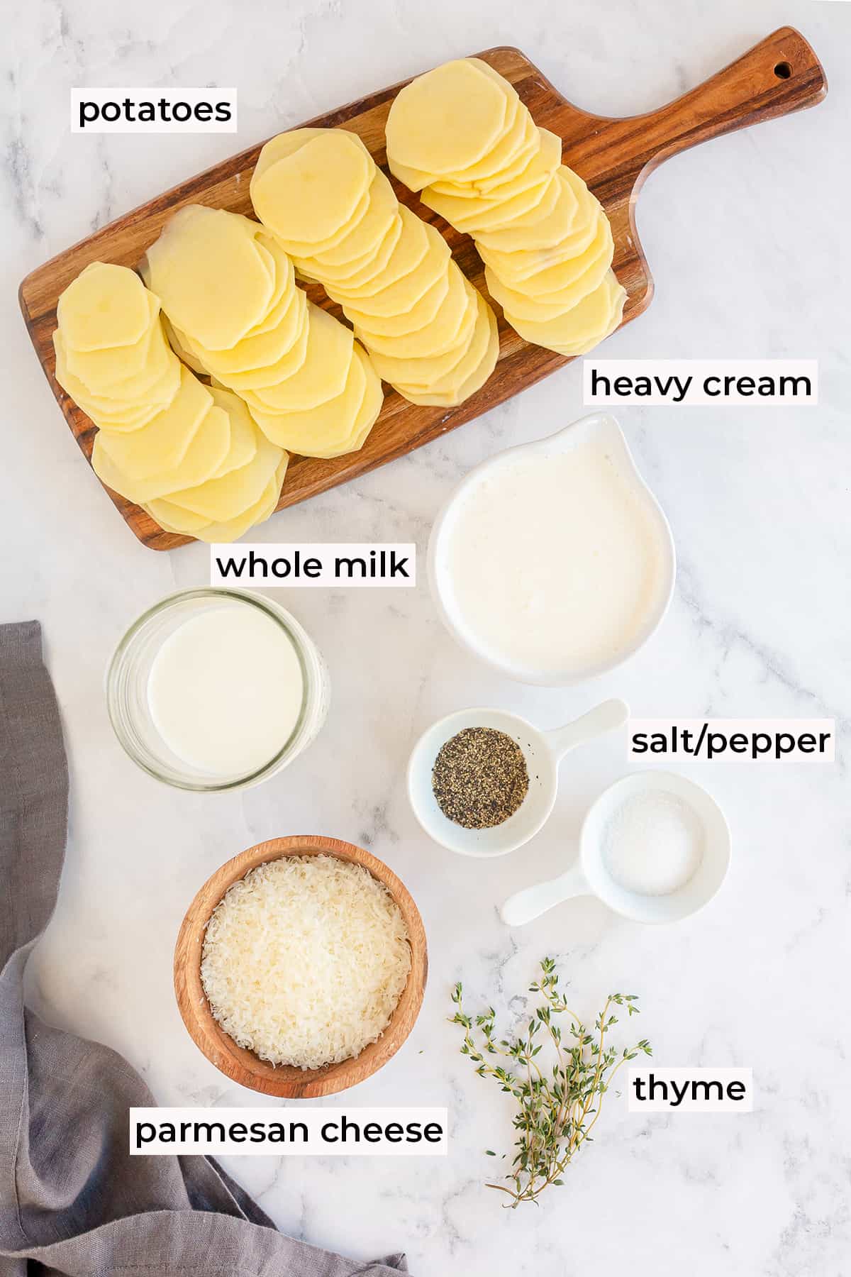 The ingredients needed to make Scalloped Potatoes.