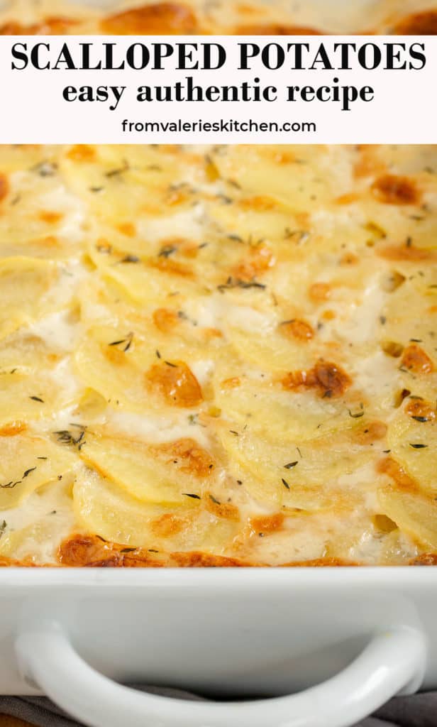 A close up of Scalloped Potatoes with text overlay.