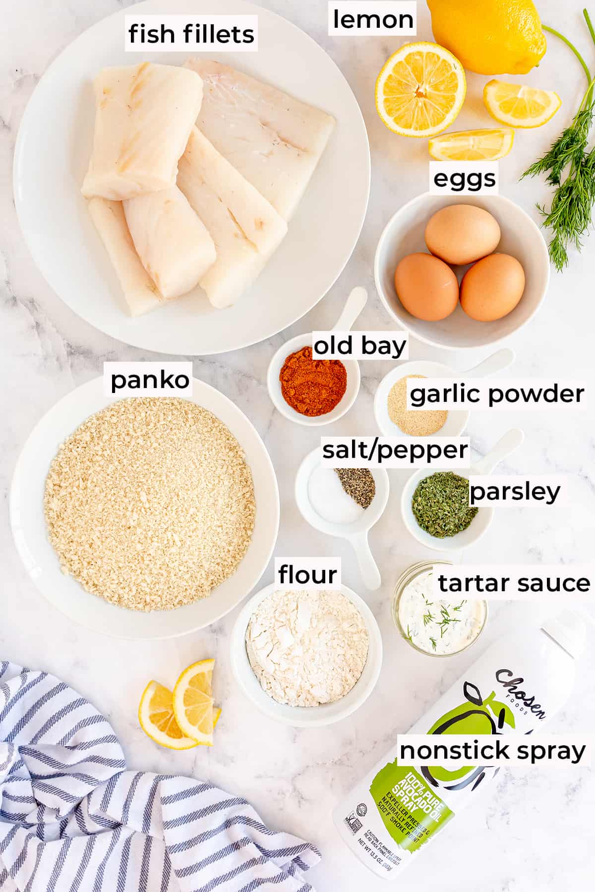 The ingredients for making Air Fryer Fish Sticks with text overlay.