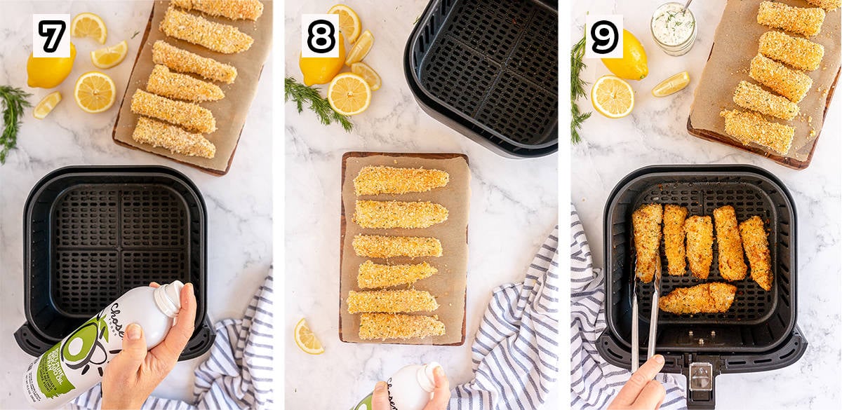 Fish sticks are coated with propellant free cooking spray and cooked in an air fryer.