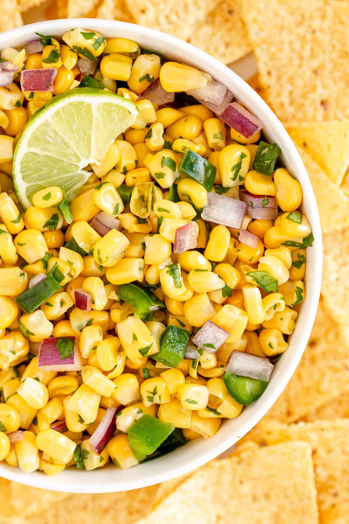 A bowl of corn salsa surrounded by tortilla chips shot from over the top.