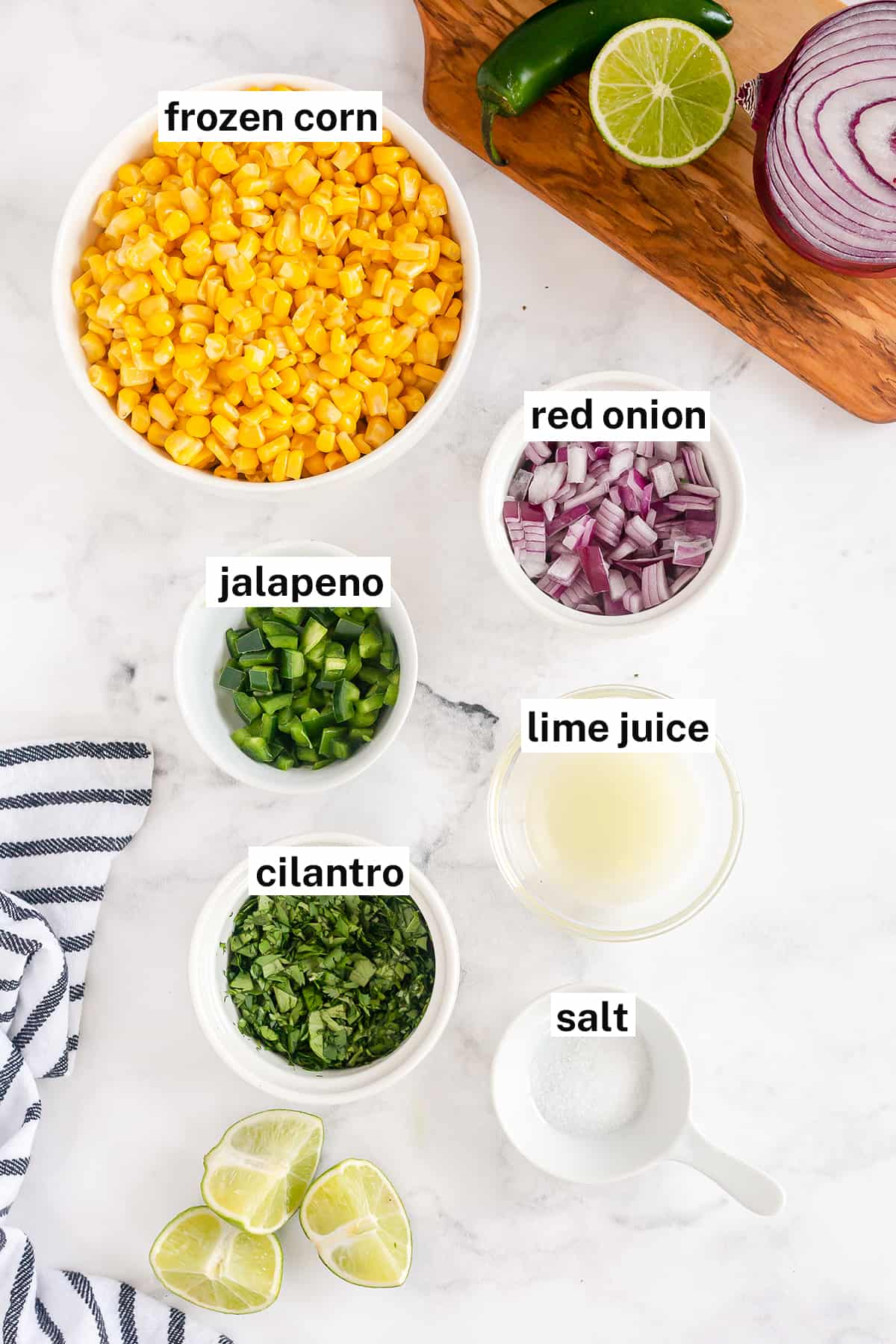 The ingredients to make Easy Corn Salsa just like Chipotle's with text overlay.