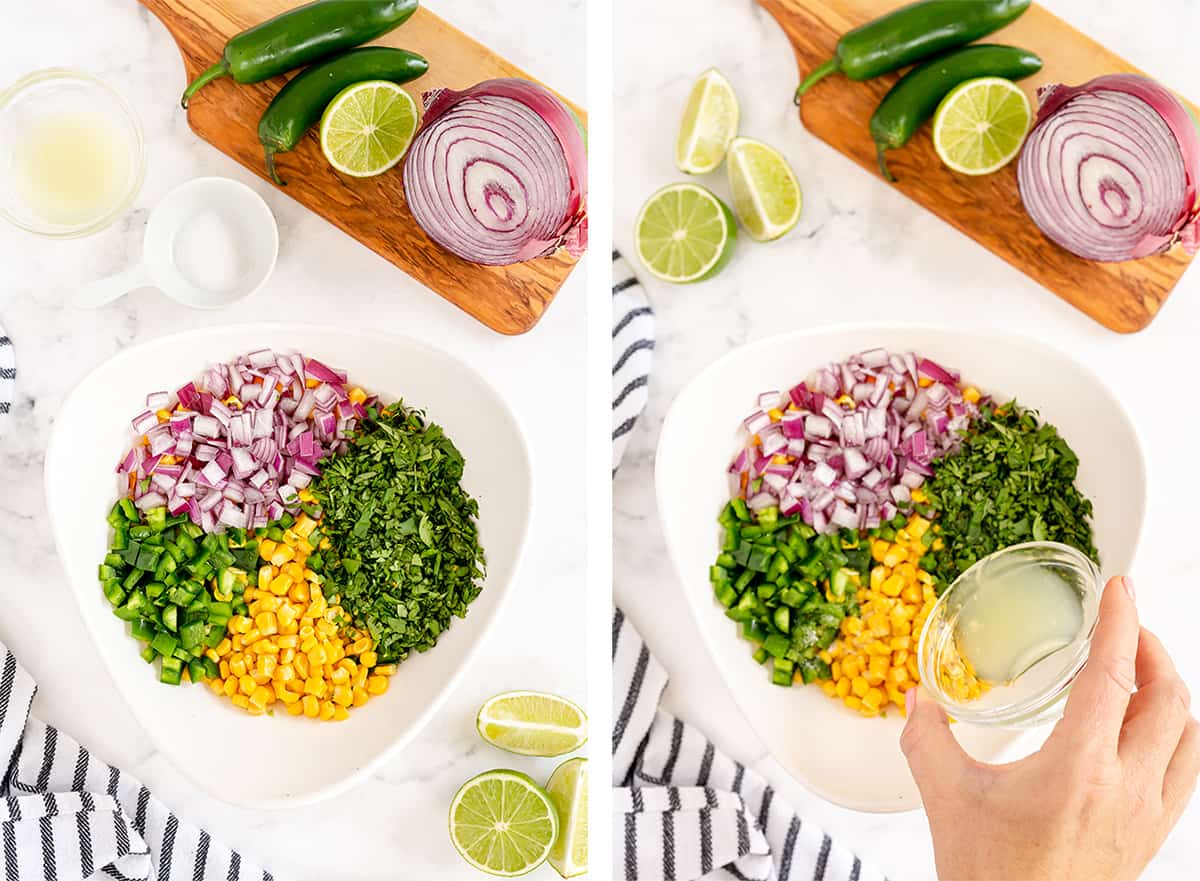 Corn, onion, jalapeno, and cilantro are combined with lime juice.