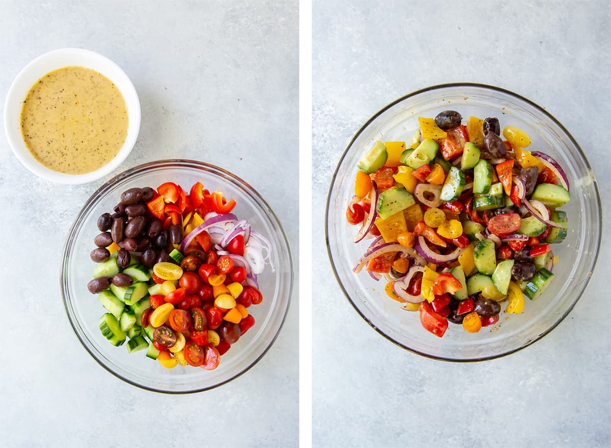 Salad ingredients are combined with Greek Salad Dressing in a bowl.