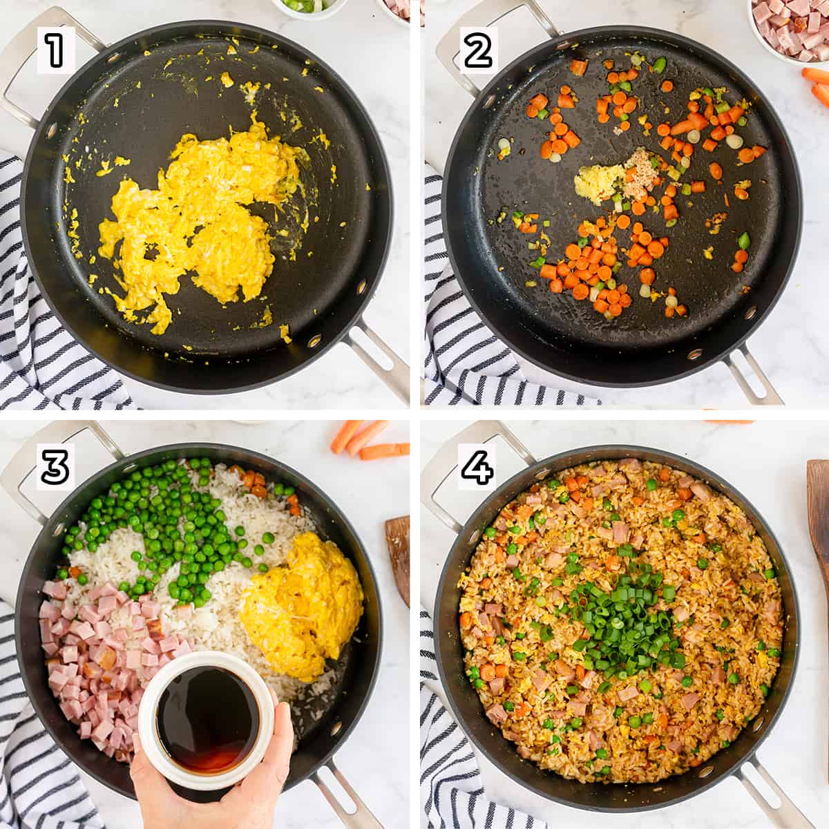 Eggs, vegetables, and rice cook with sauce in a skillet.