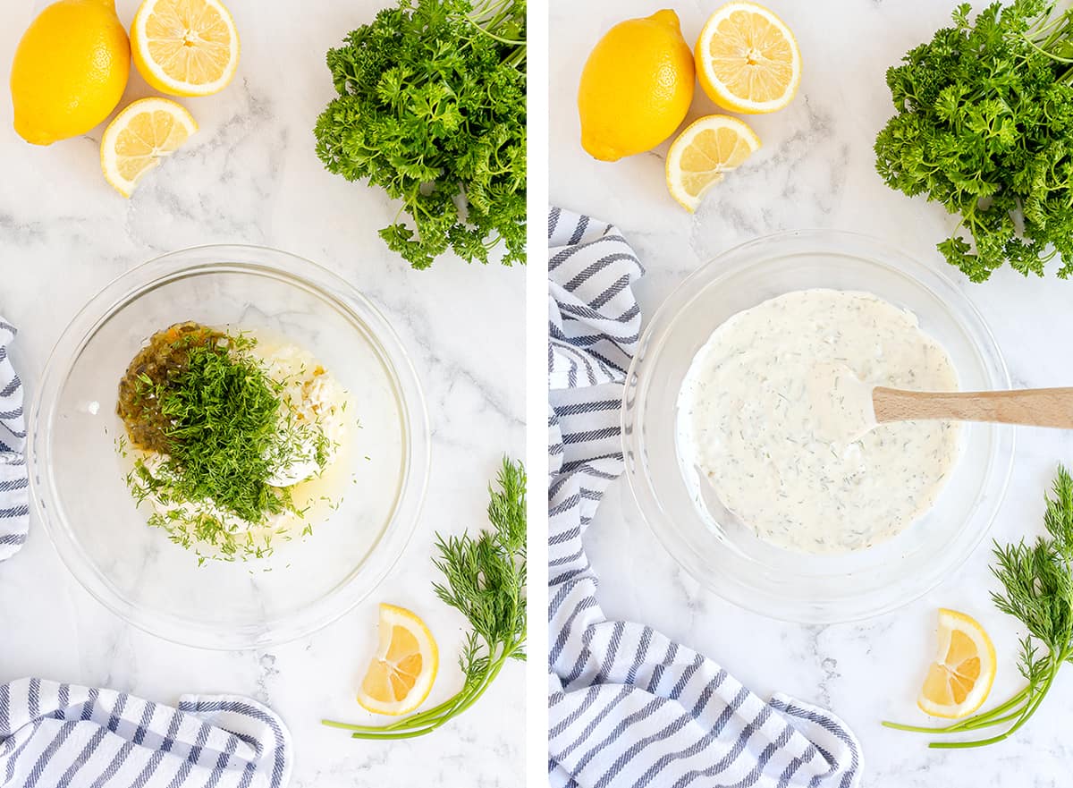 Tartar sauce ingredients are combined in a mixing bowl.