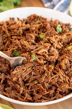 A fork digs into a bowl of Instant Pot Beef Barbacoa.