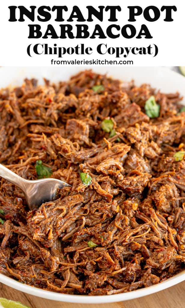 A fork digs into a bowl filled with Instant Pot Barbacoa with text overlay.