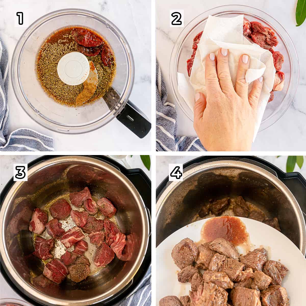 Barbacoa sauce is combined in a food processor and beef cubes are browned in an Instant Pot.