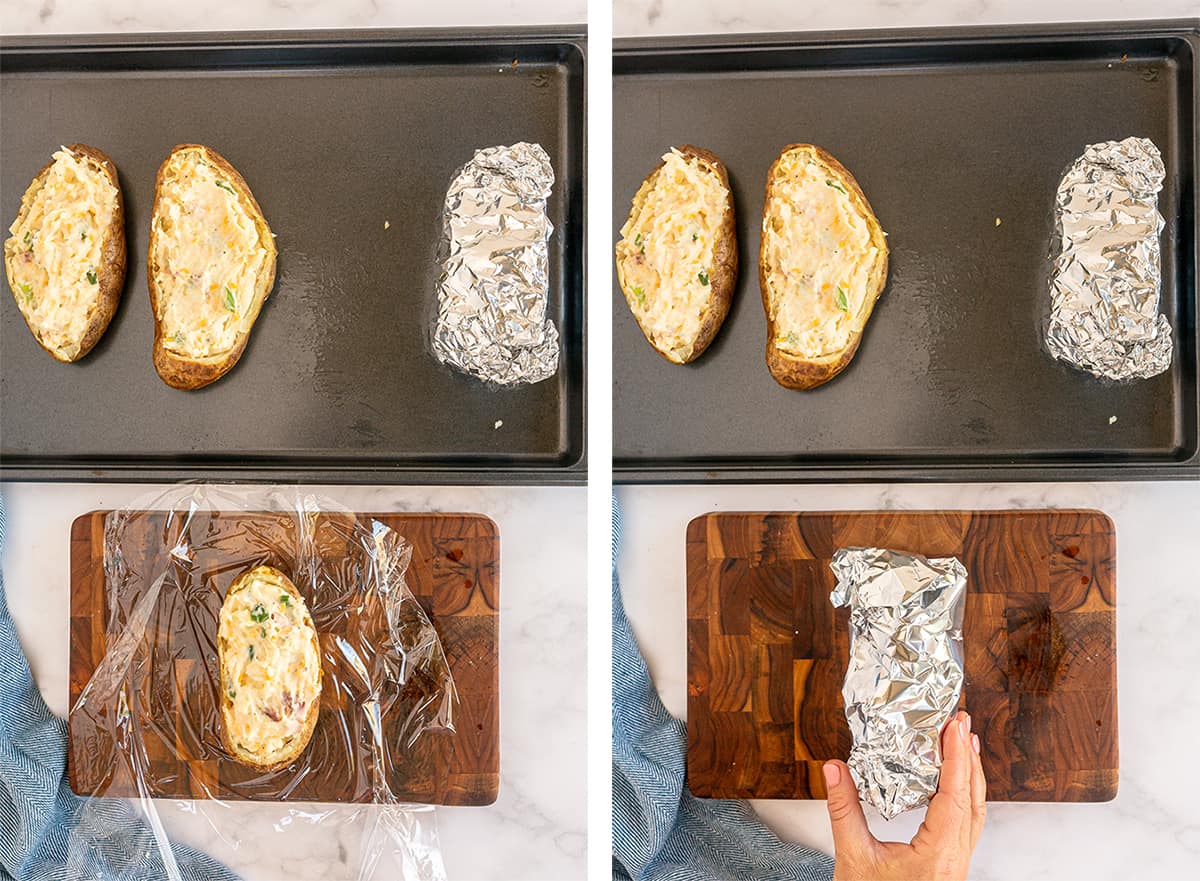 Twice Baked Potatoes are wrapped in plastic wrap and foil before freezing.