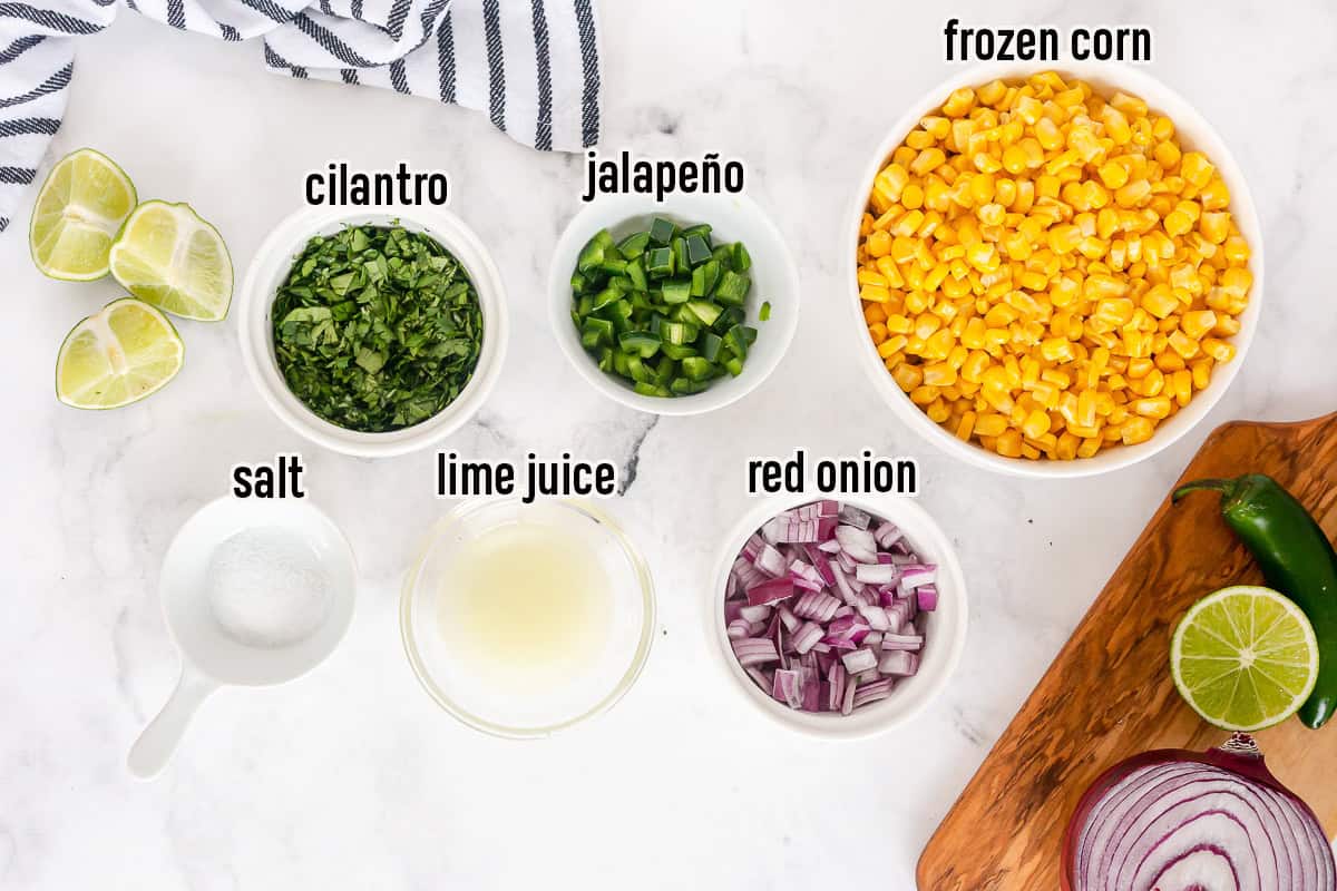 Ingredients for Chipotle corn salsa including sweet corn, red onion, jalape&ntilde;o, and cilantro with text overlay.