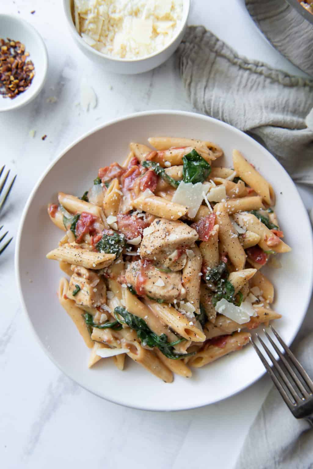 Chicken and Spinach Skillet Pasta (30 Minute Meal!) | Valerie's Kitchen