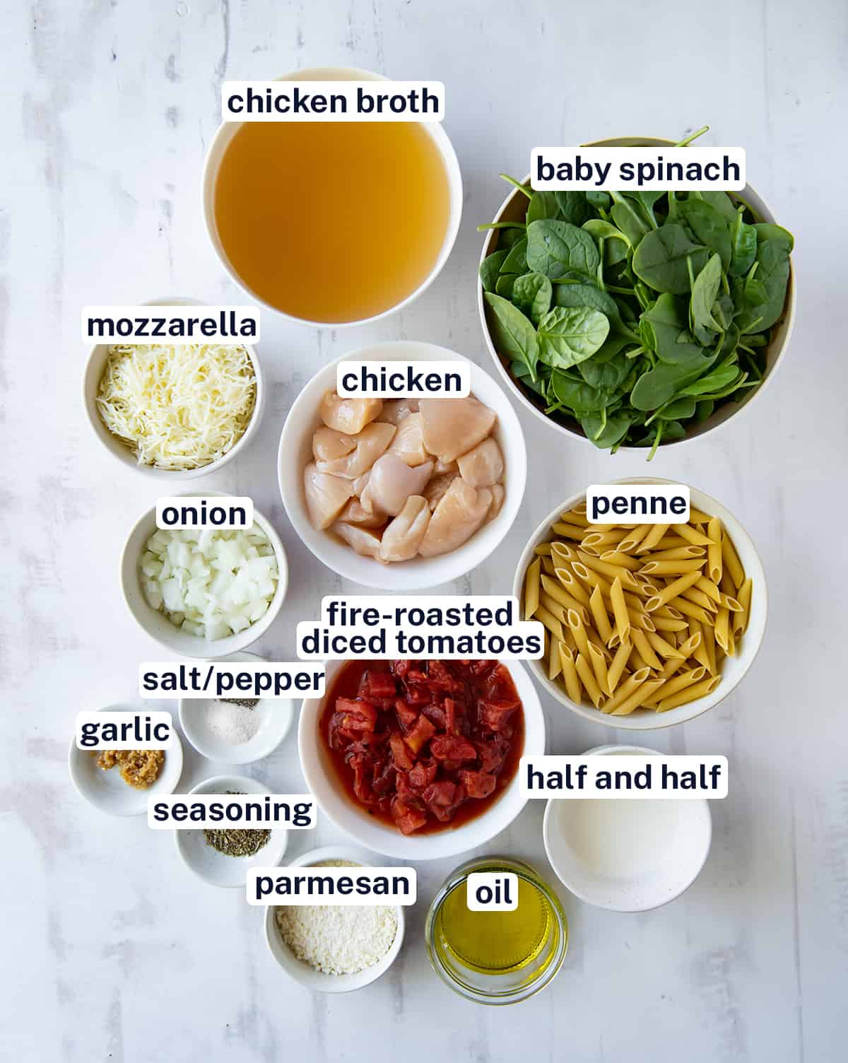 The ingredients for Chicken and Spinach Skillet Pasta with overlay text.