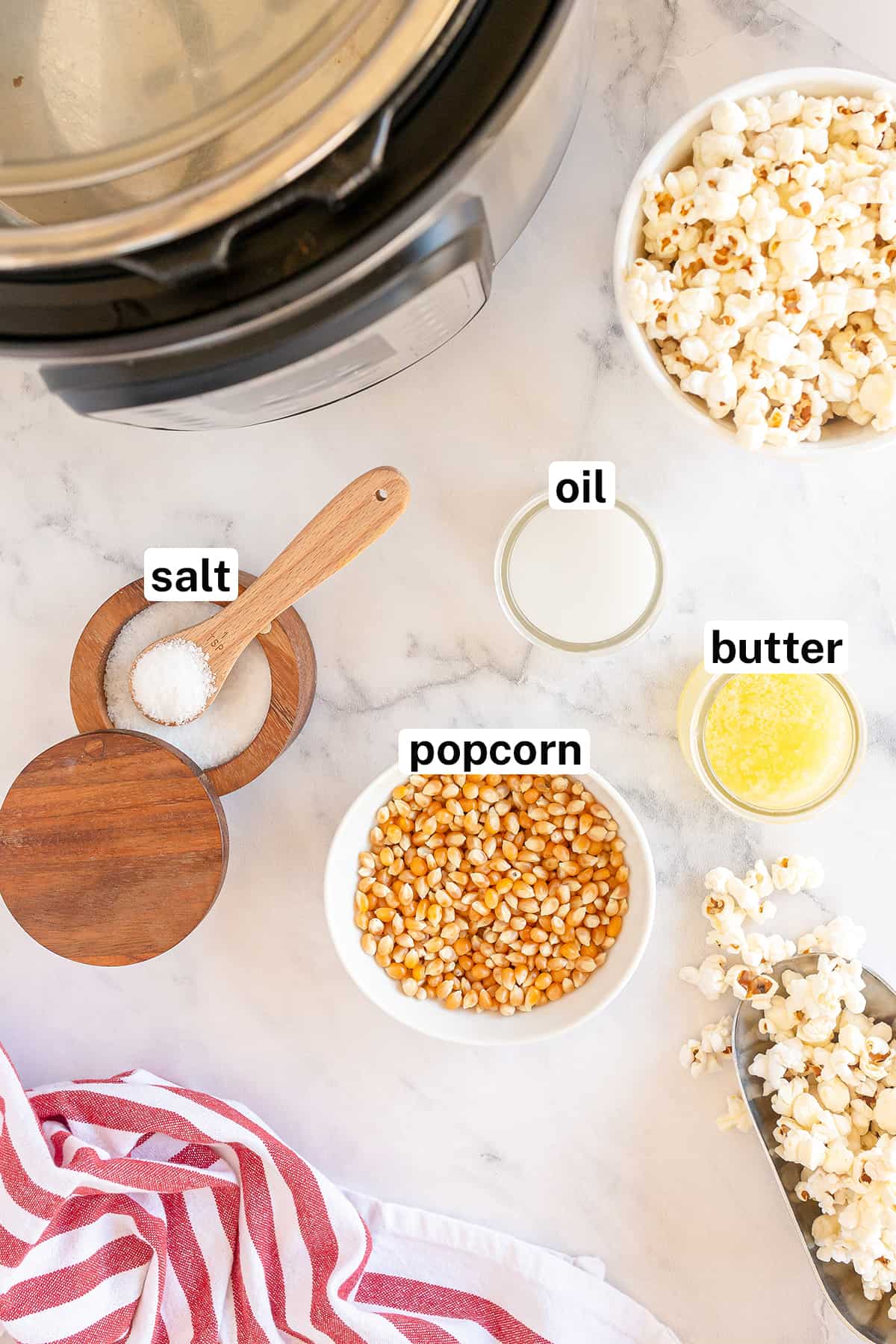 Popcorn, oil, salt, and butter with text overlay.