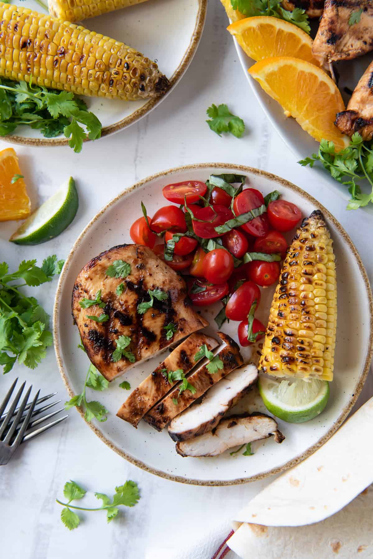 A plate with grilled chicken, cherry tomatoes and corn shot from over the top.