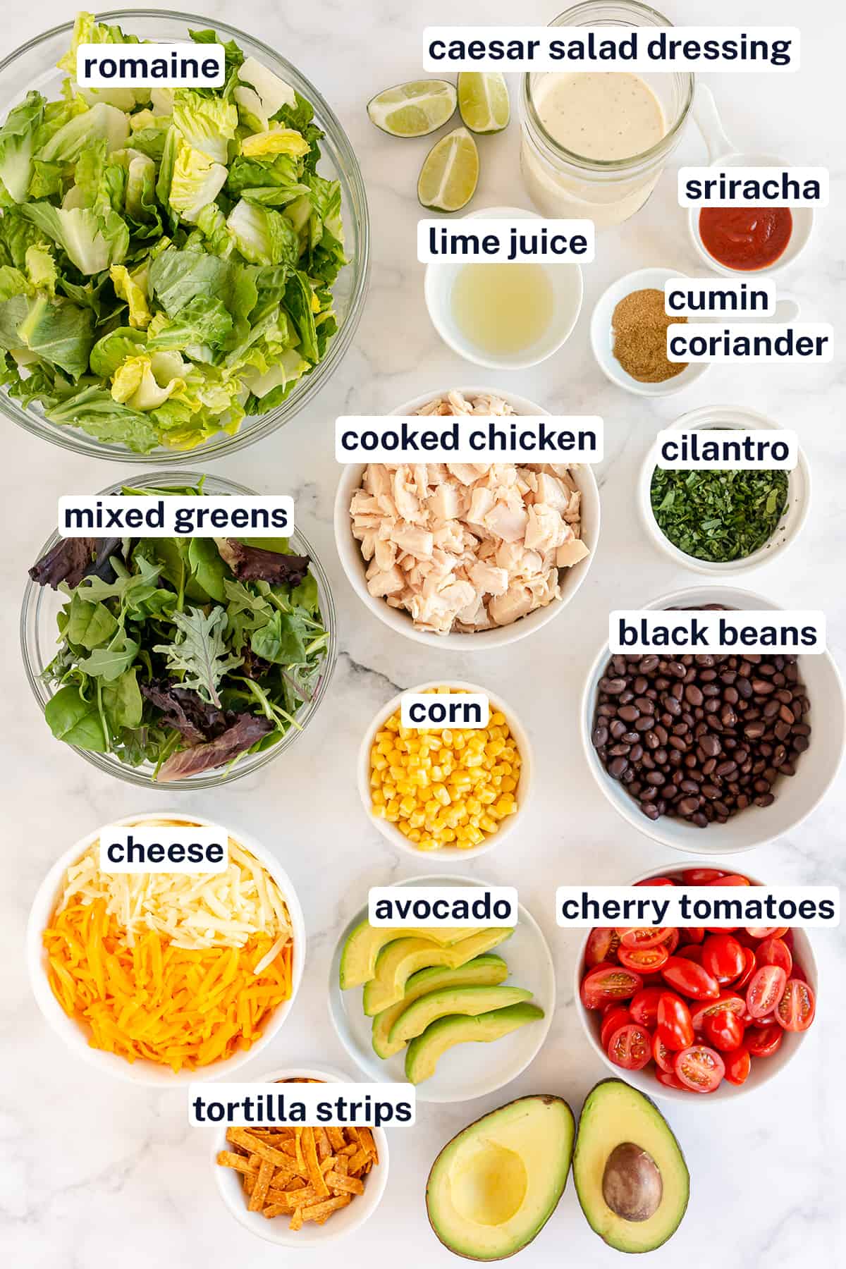 The ingredients for Southwest Chicken Caesar Salad and Dressing with text overlay.