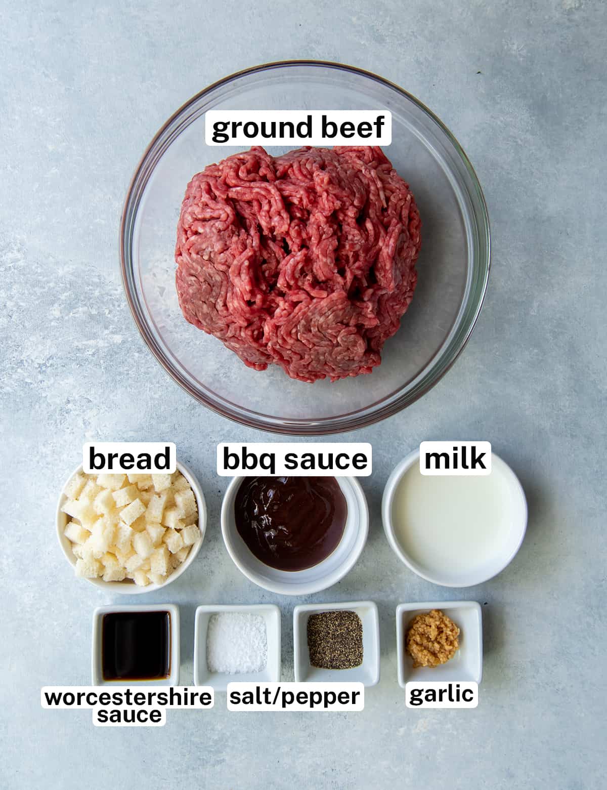 The ingredients to make Classic Beef Burgers with overlay text.