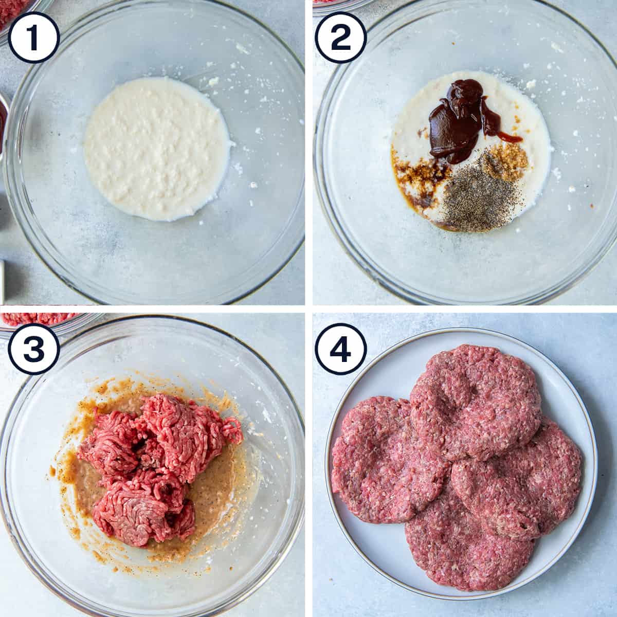 Bread, milk, bbq sauce, and ground beef are combined to make hamburger patties.