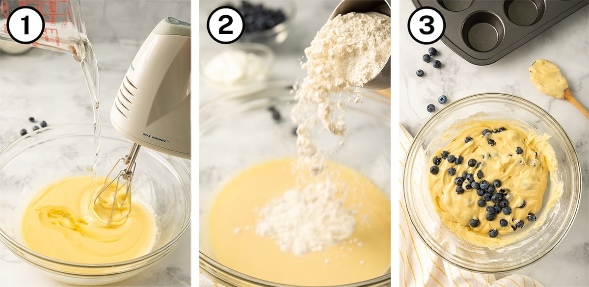 Ingredients are combined in a mixing bowl to make Blueberry Muffins.
