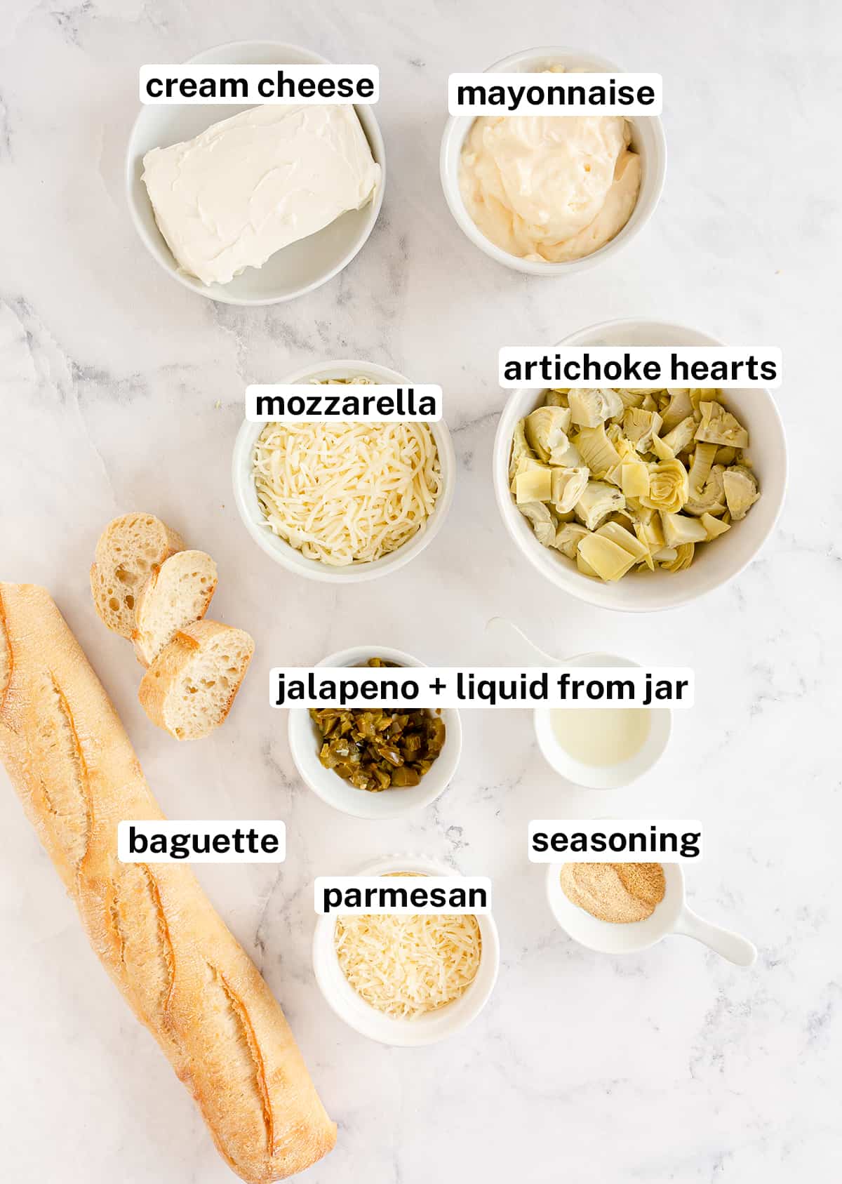 The ingredients to make Artichoke Dip with text overlay.