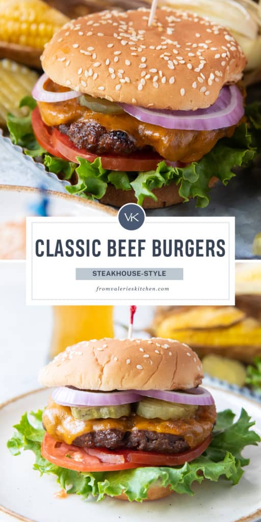 A close up of a Classic Steakhouse Style Burger with overlay text.