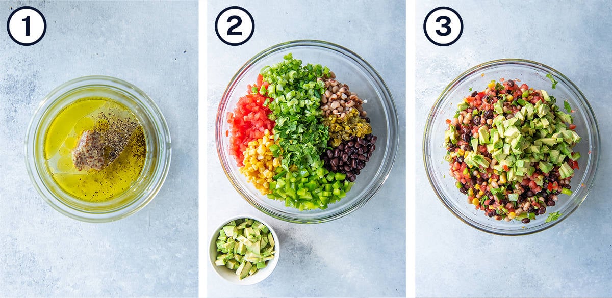 Salad dressing ingredients in a mason jar and cowboy caviar ingredients in a bowl.