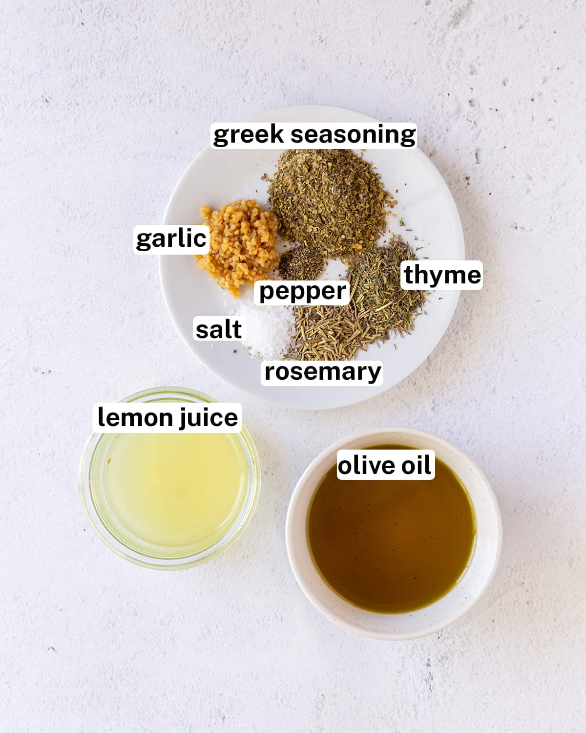 Ingredients including olive oil, lemon juice, and herbs with text overlay.