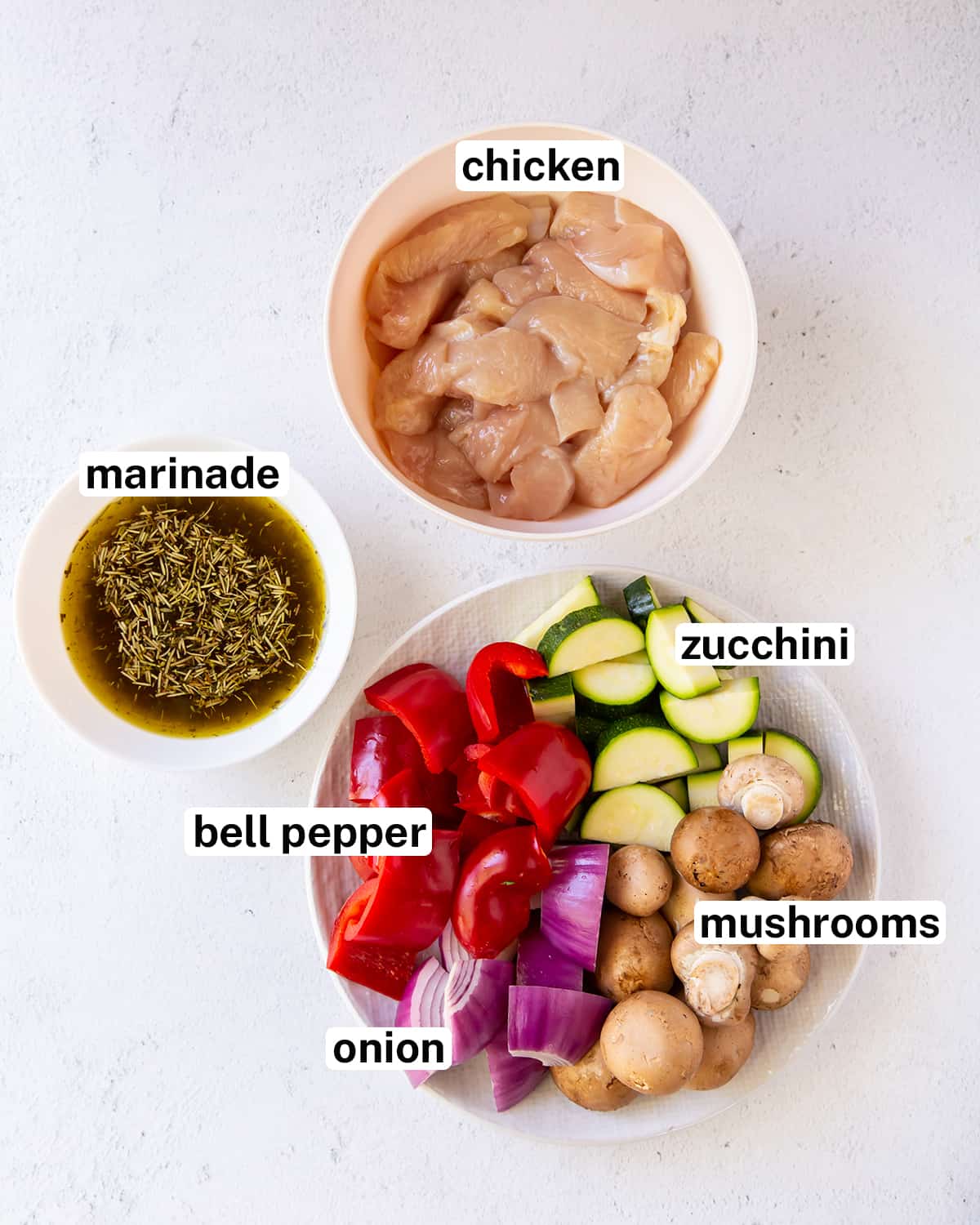 Ingredients including chicken and vegetables with text overlay.