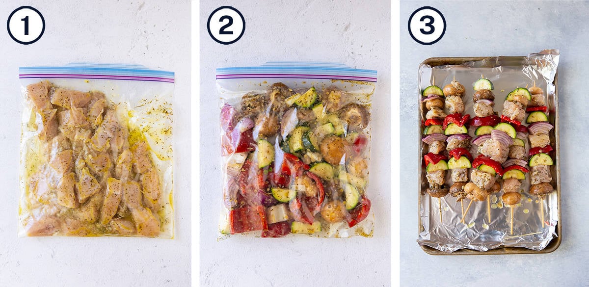 Chicken and vegetables marinating in plastic bags and then on kabob skewers.