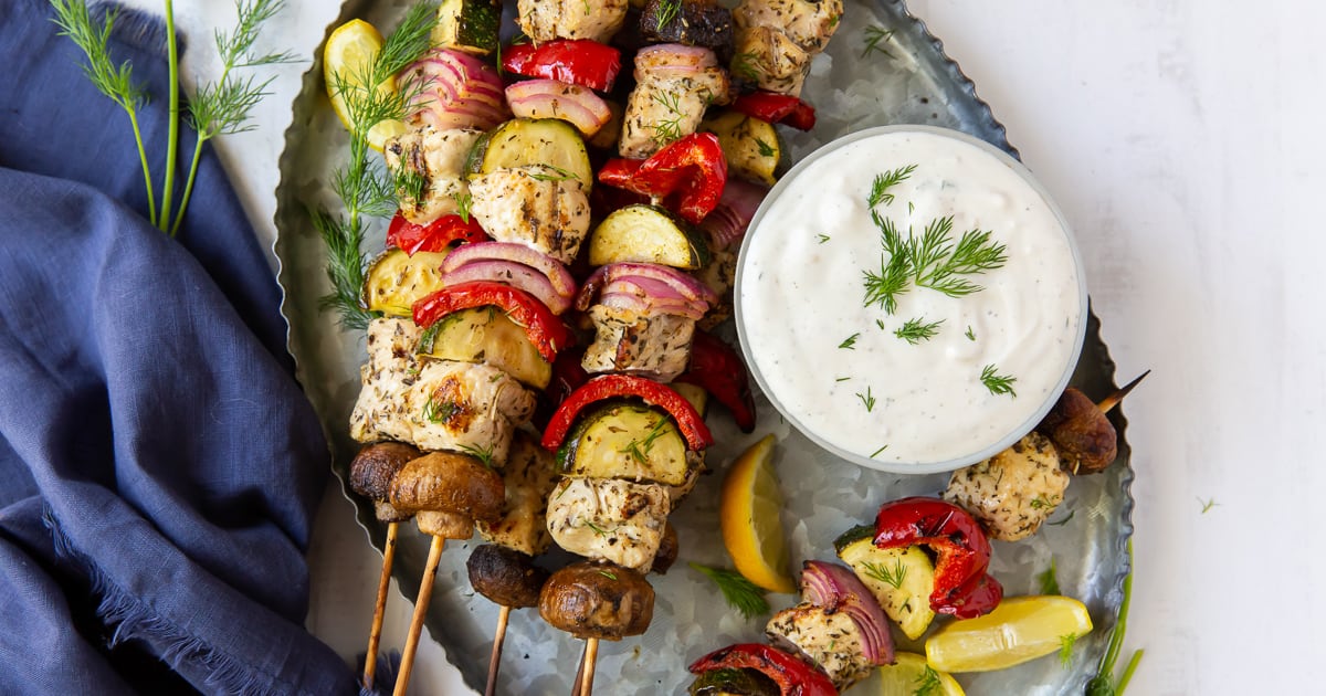 Greek Chicken Kabobs with Feta Dill Sauce 