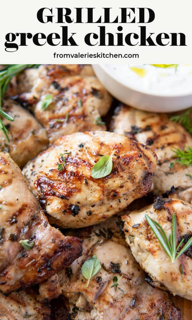 A close up of Grilled Greek Chicken with text overlay.
