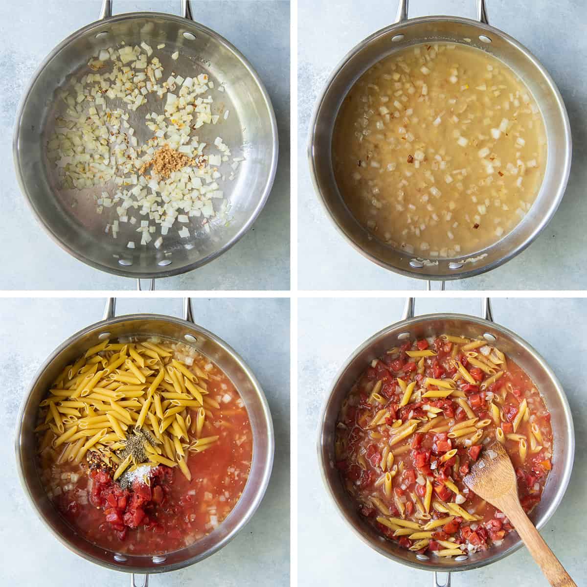 Onion, garlic, tomatoes and pasta cook in a skillet.