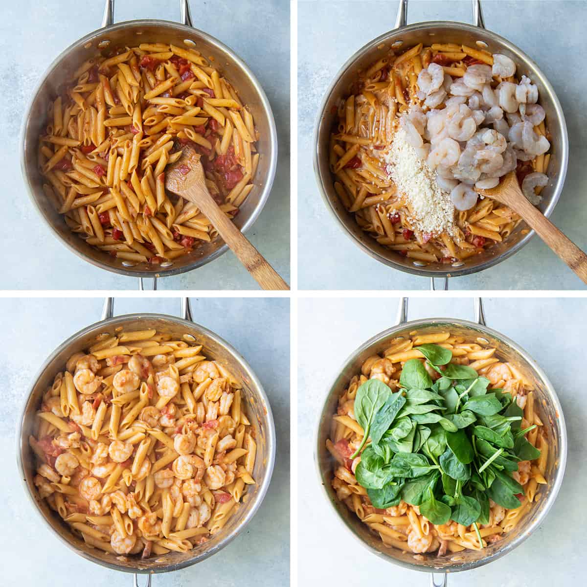 Cream, parmesan, and spinach are added to the skillet with the pasta.