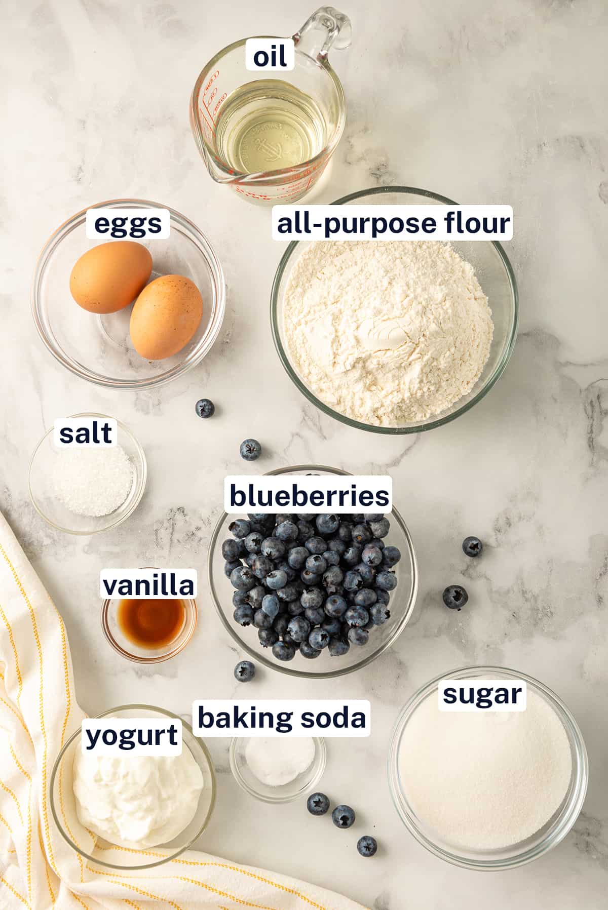 All the ingredients needed to make Blueberry Muffins with text overlay.