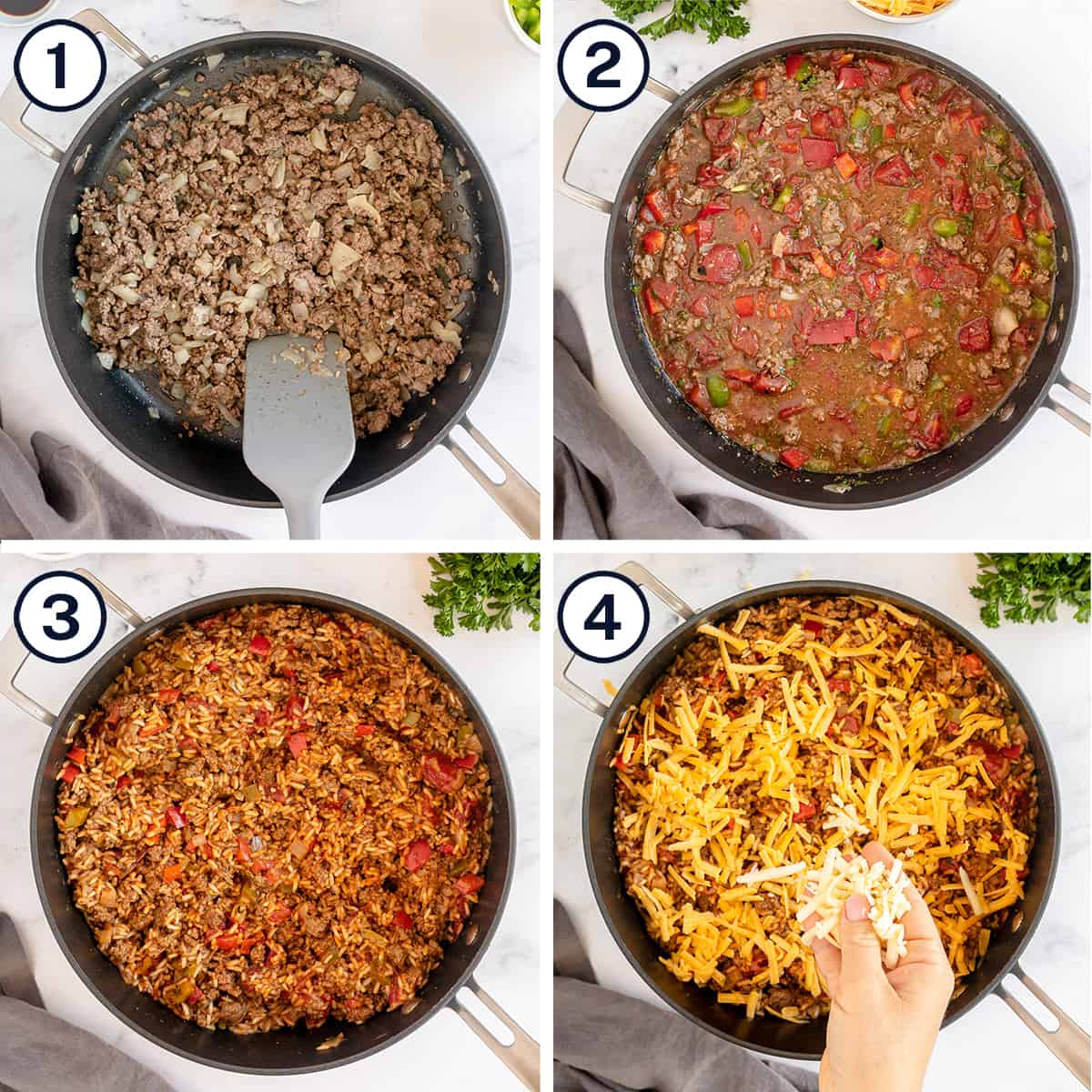 Ground beef, peppers, rice and other ingredients in a skillet.