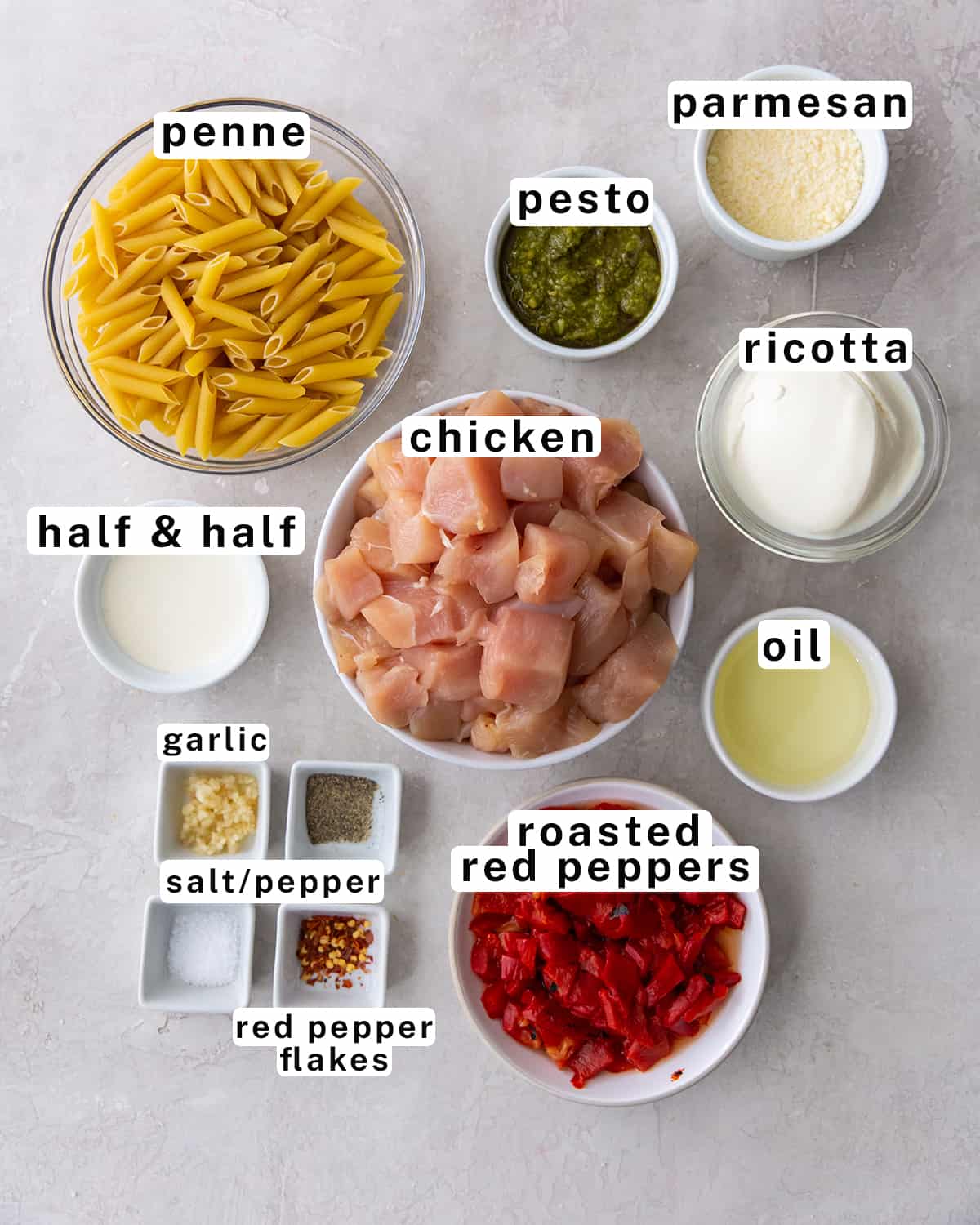 The ingredients for Chicken Pesto Pasta with text overlay.